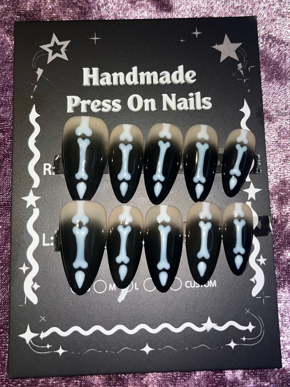 Handmade Black Ombre Press-On Nails with White Bone Design